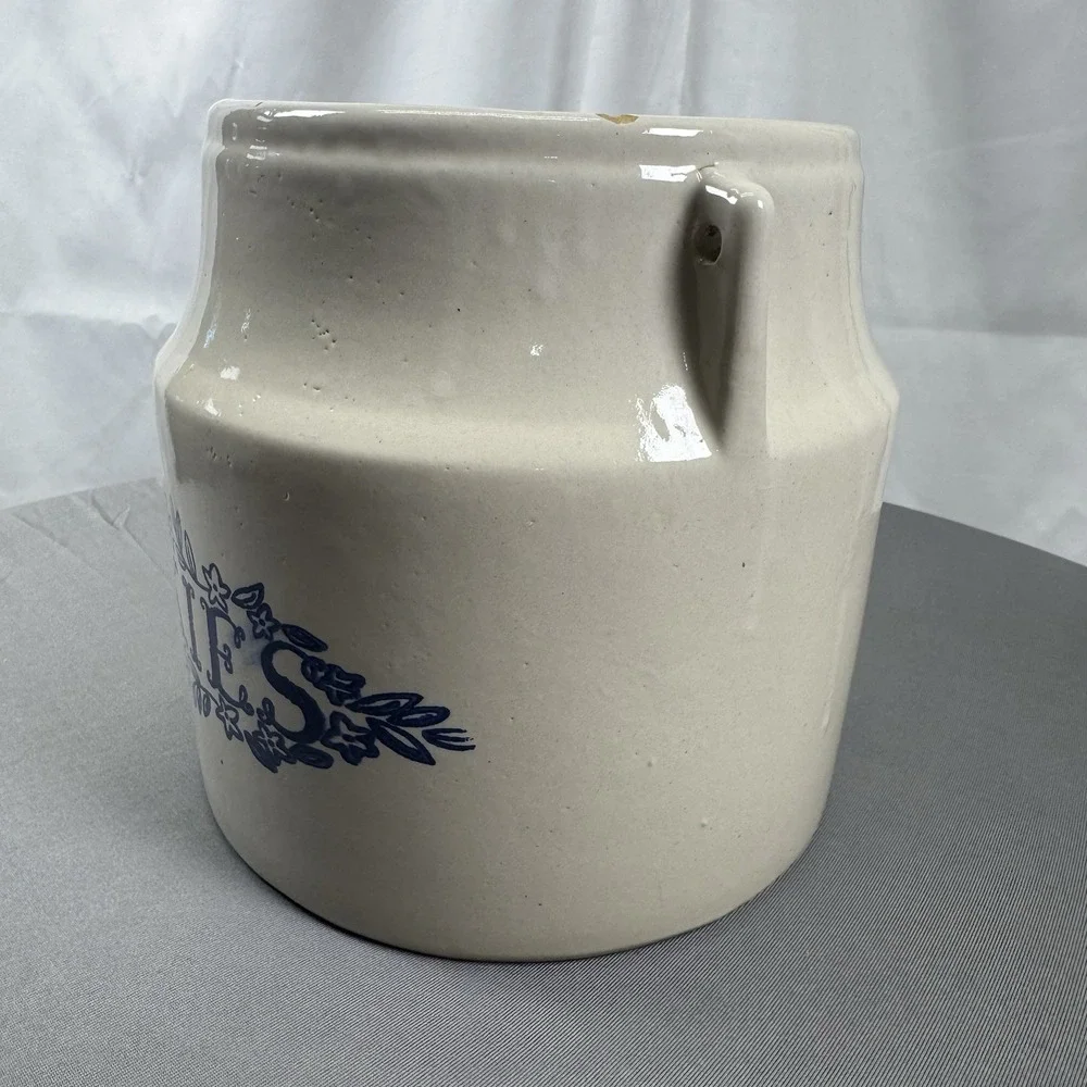 Vintage White Monmouth Pottery Stoneware Cookies cookie jar, Blue‎ Trim, No Lid